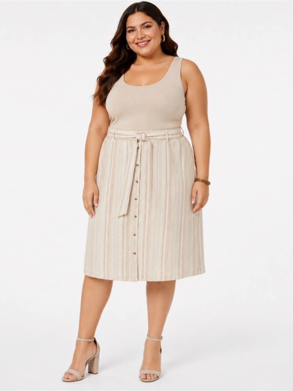 Bar III Cream and Tan Striped Button-Front Midi Skirt with Tie Waist